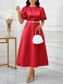 SHEIN Lady 女士优雅纯色泡泡袖连衣裙 春夏优雅长袖A字连衣裙 主教袖 白色婚礼情人节鸡尾酒会加大码连衣裙 演出服 舞会礼服 秋季女装 节日连衣裙 白色连衣裙 希腊女神连衣裙 白色毕业礼服 - 紅色 - 查看 6