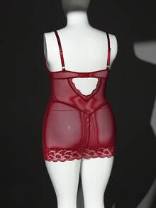 Seduluxe Bộ đồ lót gợi cảm cỡ lớn 2 món với chất liệu lưới và ren tương phản, áo ngực có gọng và váy quây, thích hợp cho Ngày Valentine. - Màu Đỏ Sâu - Xem 8