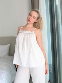 Turnttoni French Elegant Loose Romantic Camisole Top & Long Pants Pajama Set - White - View 4