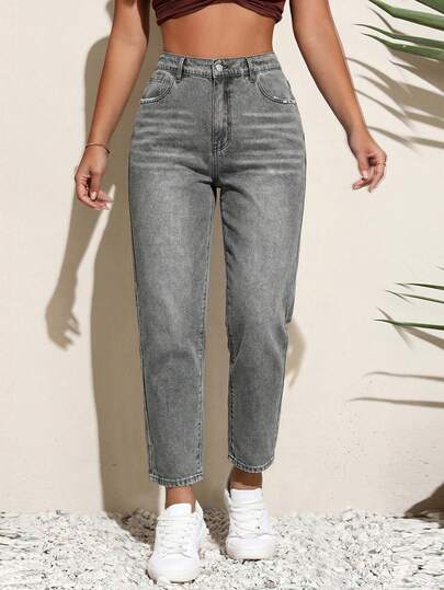 SHEIN MOD Plus Size Women High Waist Pocketed Tapered Casual Versatile Jeans