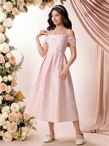 SHEIN Pitira 少女提花露肩优雅连衣裙，粉色 - 粉色 - 查看 4