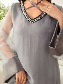 Al Najma Đầm maxi Thổ Nhĩ Kỳ thanh lịch dành cho nữ, cổ đính đá, tay áo lưới, thích hợp cho các dịp trang trọng. - Xám - Xem 6