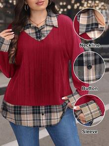 SHEIN LUNE Plus Size Women's Ribbed Knit Plaid Patchwork 2 In 1 Top - Red - View 7