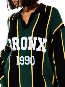 SUMWON WOMEN Áo polo dệt kim tay dài dáng rộng, vai rớt, kẻ sọc với họa tiết Bronx cổ điển. - Nhiều màu - Xem 4