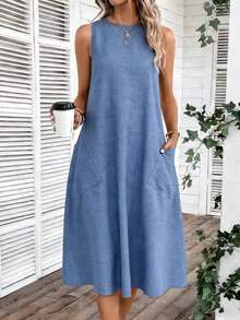 EMERY ROSE Women's Elegant Casual Pocket Midi Dress, Summer Carnival