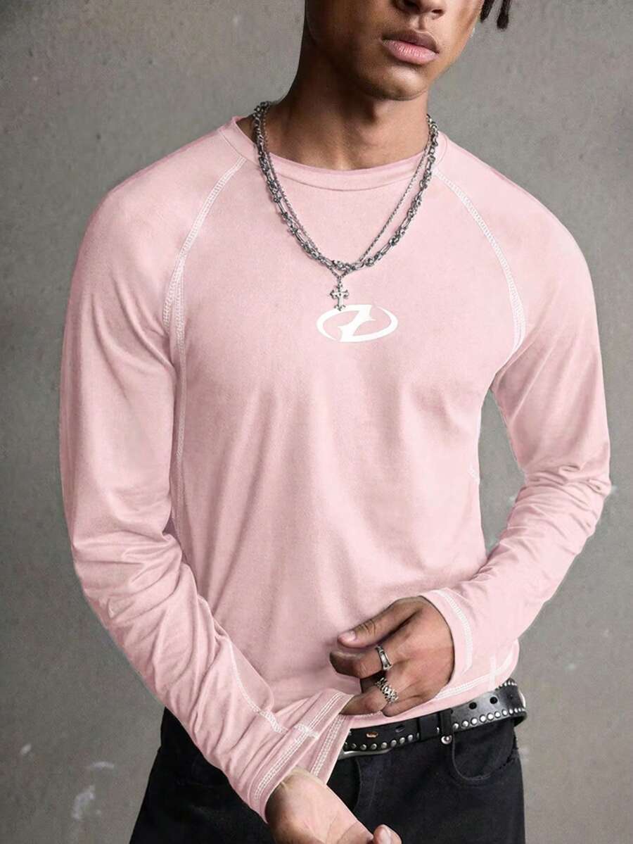 AXEPEAK Men's Geometric Print Crew Neck Raglan Long Sleeve Casual T-Shirt - Pink - View 1