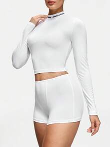 SHAPORA Pijama de mujer con estampado de letras, cuello alto y manga larga, top corto - Multicolor - Ver 5