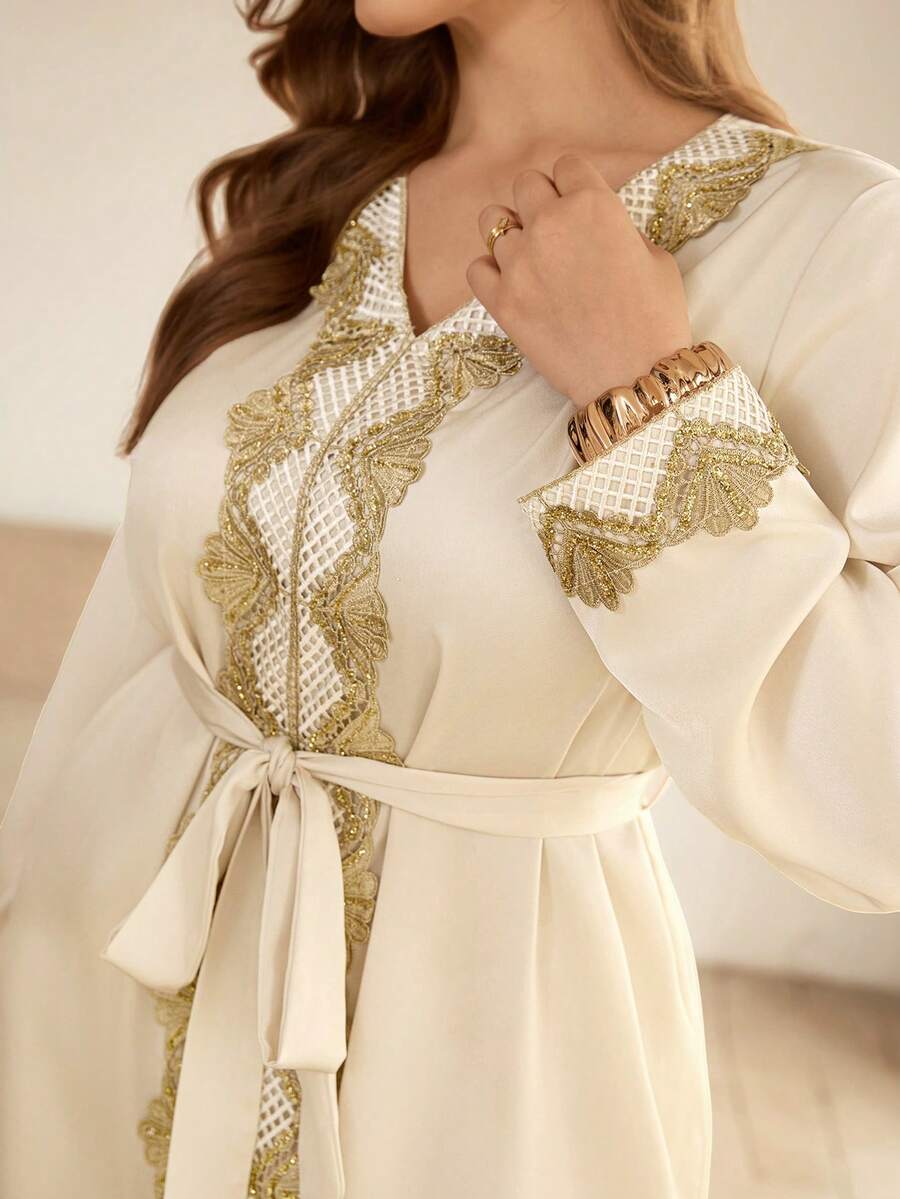 Roveilla Vestido de manga larga con cuello en V, cintura con lazo y puños con volantes, estilo patchwork, talla grande, estilo de Oriente Medio - Albaricoque - Ver 1