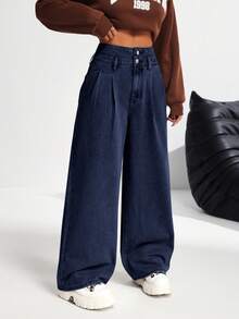SHEIN PETITE Women's High Waist Wide Leg Jeans, Blue - Dark Wash - View 5