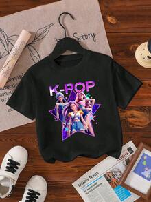 Maglietta casual versatile a maniche corte con stampa grafica K-Pop per ragazze pre-adolescenti - Bianco - Visualizzare 6