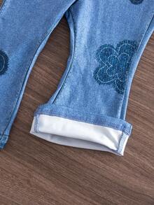 SHEIN Babygirl Casual Vacation Cute Print Camisole And Elastic Waist Pants Set Necklace-Style Top, Blue Flared Pants, Fashionable Girl's Two-Piece Set, Floral Print Set, Casual Set, Outing Set, Casual Home Clothes Top And Pants - Multicolor - View 9