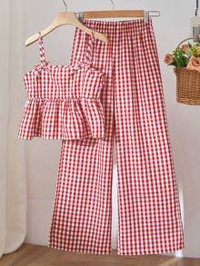SHEIN 少女夏季度假休闲格子吊带背心和裤子套装 - 紅色 - 查看 5