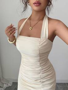 Elenzga 女士优雅杏色网纱无肩带褶皱修身连衣裙，适合派对、宴会、奢华晚礼服 - 杏色 - 查看 5