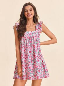 Coeurva 女士飞机印花雪纺迷你连衣裙，适合春夏度假穿着 - 彩色 - 查看 1