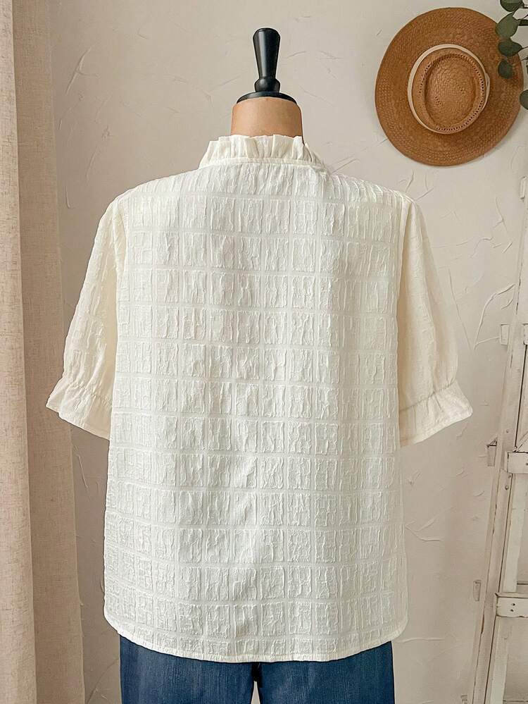 Plus Size Women V-Neck Ruffle Trim Solid Color Casual Commuting Short Sleeve Blouse,Vacation/Summer/Spring Country Style For Women Summer Holiday Spring Break Summer Blouse