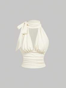 SHEIN MOD Áo tank top không tay tối giản màu trơn dành cho nữ, kiểu thắt nơ, màu kem, thích hợp mặc hàng ngày, đi nghỉ lễ, dã ngoại, hẹn hò, du lịch, sinh nhật, lễ hội, đi biển, ngày Valentine, đi chơi, tiệc trà. - Màu be - Xem 3