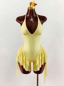 Amplova 2026 New V-Neck Backless Cinched Waist A-Line Bodysuit - Pale Yellow - View 4