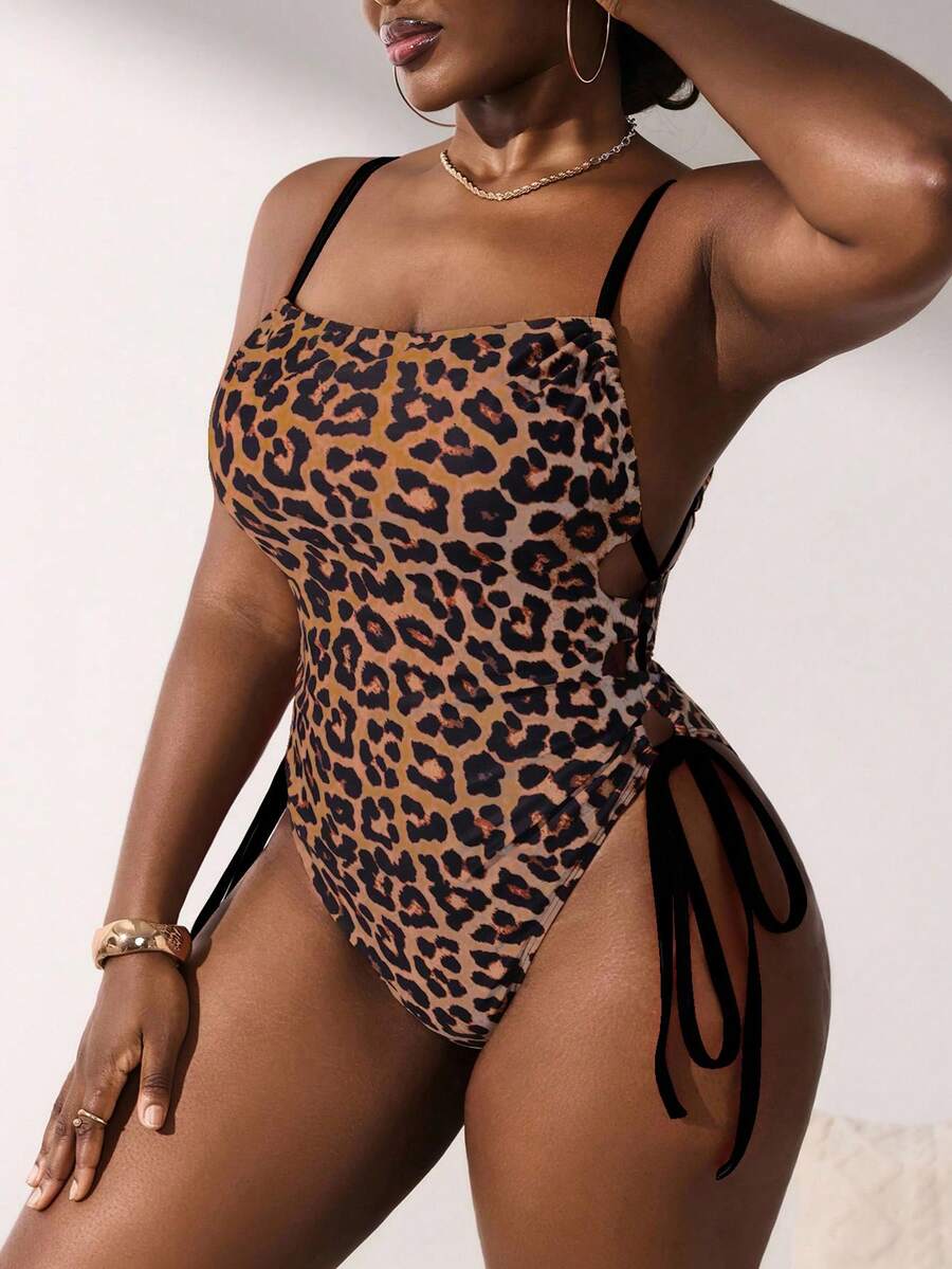 Slaydiva Áo tắm liền thân họa tiết da báo buộc dây bên hông, thời trang dành cho nữ cỡ lớn, thích hợp cho kỳ nghỉ. - Cà phê nâu - Xem 1