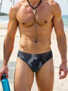 Manfinity Swimmode 男士三角印花泳裤，休闲夏季海滩、泳池派对、度假男士泳装 - 黑與白 - 查看 5