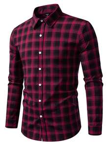 Manfinity Nomadique Men's Plaid Long Sleeve Single-Breasted Casual/Business Shirt Men Button Up Shirt Men Plaid Shirt Men Shirt Burgundy Men's Shirt Plaid Shirt - Red - View 4