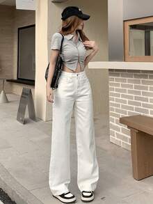 DAZY Calça Denim Coreana Casual de Perna Larga Solta com Bolso, Cor Sólida - Branco - Visão 2