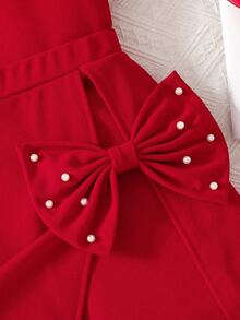 少女优雅通勤珍珠蝴蝶结泡泡袖修身上衣+二合一半裙短裤针织T恤套装 - 酒紅色 - 查看 7