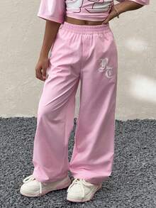 Coolane Kids 少女春夏街头风日常必备单品，撞色弹力腰宽松休闲裤，亮粉色直筒裤，撞色粉色，返校季 - 粉色 - 查看 3