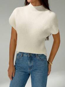 SHEIN Tall 女士休闲纯色简约立领短袖毛衣 - 杏色 - 查看 5