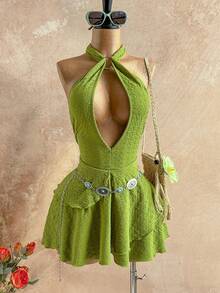 Soleia 女士荧光绿镂空荷叶边性感露背迷你连衣裙 - 白色 - 查看 3