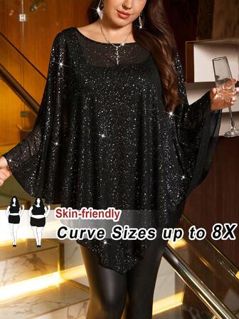 SHEIN CURVE+ Plus Size Women Fall/Winter Elegant Party Asymmetrical Poncho Shawl Blouse Top, Autumn/Winter,Black Top,Going Out,2025,Simple And Fashionable For Everyday Wear, Christmas,New Year,Date Night,Sexy