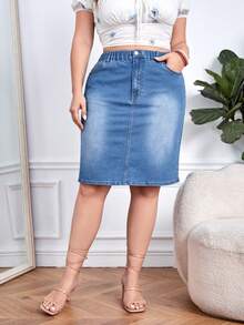 EMERY ROSE Minifalda de mezclilla casual con cintura elástica y bolsillos para mujer de talla grande - Azul lavado medio - Ver 3