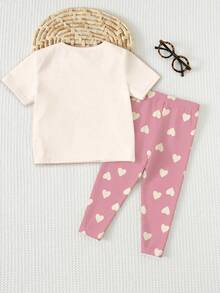 SHEIN Cream White & Pink, Sweet Minimalist Heart Pattern Print, Cute Deer Outfit, Baby Girl Casual Comfortable Soft Round Neck Short Sleeve T-Shirt And Leggings, Suitable For Spring/Summer Daily, Home, Vacation, Street, Party - Multicolor - View 2
