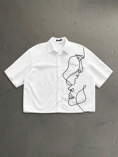 StoneGrade Abstraktes Linien-Skizzen-Porträt Silhouette Muster Loose Fit Kurzarmhemd, Essentiell für Dates und Zusammenkünfte, modisches Geschenk für Paar/Freund