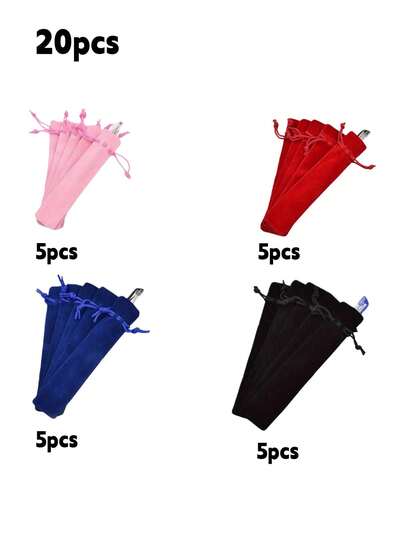 20Pcs 17.8*3.5Cm Solid Color Double-Sided Thickened Velvet Pencil Case, Drawstring Gift Bag Pen Packaging Bag, Storage Bag, Crystal Pencil Case, Suitable For Travel School Office, Birthday Gift, Back To School, Black Blue Pink Red Optional,Back To School,School Supplies