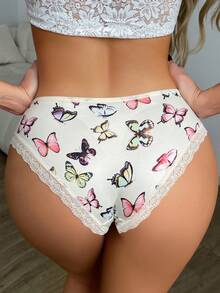 Women's Butterfly Print Hollow Out Waist Lace Patchwork Panties - Multicolor - View 2