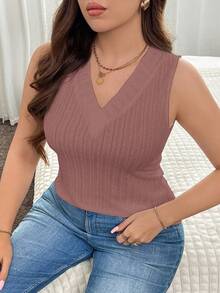 SHEIN LUNE 柔软磨毛V领无袖加大码吊带背心 - 粉色 - 查看 3