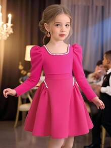 Elladie kids Girls Red Textured Knit Crew Neck Beaded Ruffle Hem Dress With Puff Sleeves, Fashionable & Elegant For Everyday, Gatherings, Parties - Hot Pink - View 8