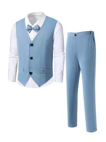 Bộ vest màu xanh xám cho bé trai tuổi teen - Áo vest không tay + Quần tây, trang phục lịch sự, trang trọng cho tiệc sinh nhật, đám cưới, buổi biểu diễn, lễ tốt nghiệp và các dịp trang trọng khác. - Màu xanh bụi bặm - Xem 3
