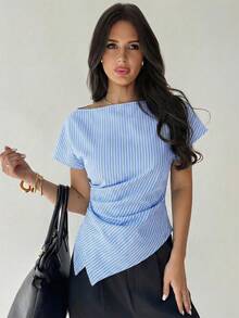 Firerie 休闲优雅条纹不对称下摆衬衫，适合通勤、日常休闲、时尚商务穿着/秋季/返校/教师/外出上衣，适合春、夏、秋、冬四季，优雅、度假、波西米亚风、工作装 - 藍白色 - 查看 6