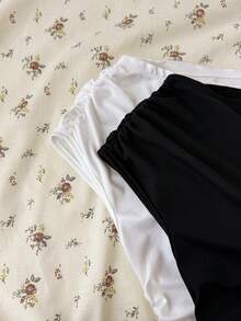 SHEIN 2pcs/Set Teen Girls Black & White Knit Casual Ruched Asymmetric Shoulder Fitted Cropped Versatile Tops - Black and White - View 7