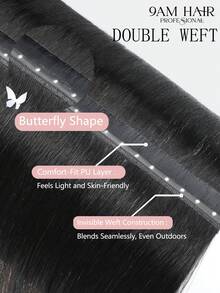 蝴蝶结发片，真人发，无胶OVO PU孔，天才手工编织，隐形DIY双层发片，直发，1片装，16英寸