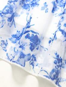 Girlism Đầm midi dáng chữ A tay phồng, nhún bèo ngực eo, họa tiết hoa màu xanh dương dành cho thiếu nữ, kiểu dáng thanh lịch, sang trọng, thích hợp cho kỳ nghỉ, ngày lễ tình nhân và các dịp lễ khác. - Xanh và trắng - Xem 4