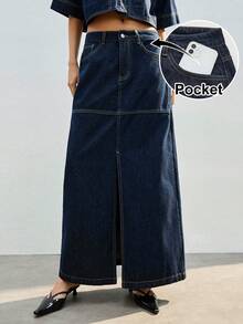 Maija Women's Blue Denim Low-Waisted Long Skirt Straight Skirt With Front Slit - Dark Wash - View 2