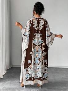 Elenzga Đầm dáng rộng in họa tiết tay cánh dơi cổ tròn cỡ lớn, thích hợp cho kỳ nghỉ và các buổi tụ họp, phù hợp cho người có thân hình mũm mĩm. - màu nâu - Xem 2