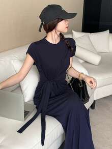 Livesso Women's Short Sleeve Cotton Round Neck Cinched Waist Midi Dress - Navy Blue - View 6