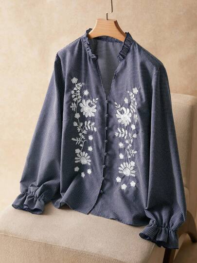 Elaquor Plusstorlek Dam Casual Broderad Ruffle Patchwork Rutig Skjorta