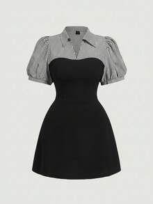 SHEIN MOD 大码蓝白条纹拼接黑色优雅通勤二合一连衣裙套装 - 黑與白 - 查看 1