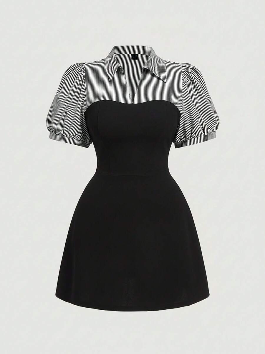 SHEIN MOD 大码蓝白条纹拼接黑色优雅通勤二合一连衣裙套装 - 黑與白 - 查看 1