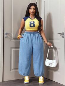Slaydiva Quần jean denim dáng rộng, thoải mái, xếp ly, dành cho nữ cỡ lớn, cạp chun, thích hợp cho mùa xuân và hè. - Rửa nhẹ - Xem 6