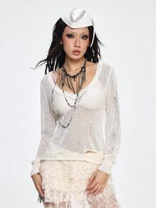 ROMWE Grunge Punk V-Neck Solid Color Long Sleeve Semi-Sheer Distressed Punk Style Sweater - Apricot - View 6